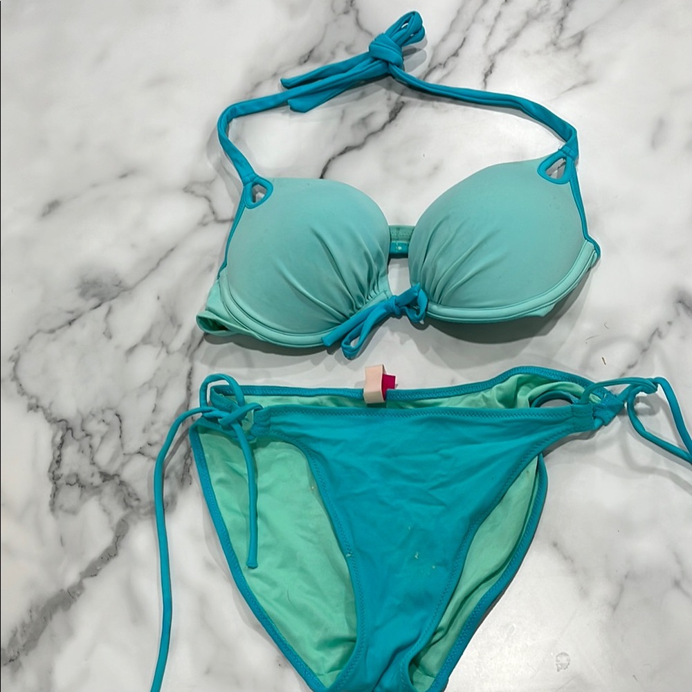 Victoria's Secret Blue Bikini Set Push-Up Halter Tie-Side